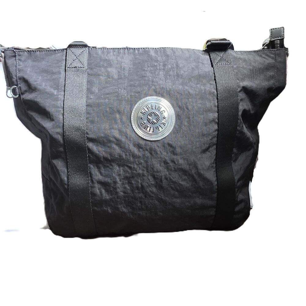 Kipling Black Crinkled Nylon Tote Bag Shoulder Purse Lightweight EUC - Picture 2 of 8